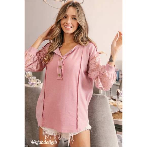 LAST! Button Henley Style Dusty Rose Floral Lace Sleeve Top! - Picture 6 of 13